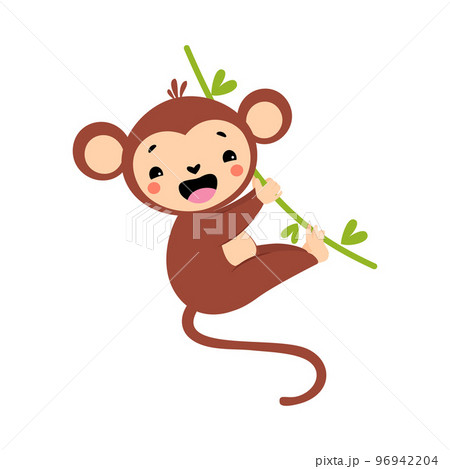 Cute Playful Monkey with Long Tail Hanging on Liana Vector Illustration 96942204