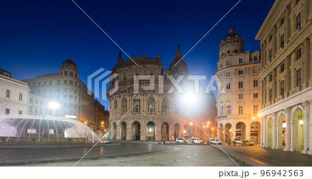 The Ferrari Square is cultural landmark of night Genoa in Italy 96942563