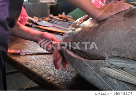 大間産本マグロの解体とマグロの競り。 大間産本マグロの解体とマグロの競り。 96943174