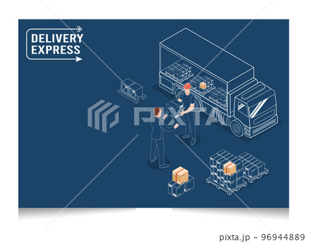 3D isometric Smart logistics concept with worker scanning barcode on box, Warehouse Logistics and Management, Logistics solutions complete supply chain, transportation truck. Vector illustration eps10 96944889