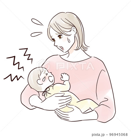 泣いている赤ちゃんと抱っこするお母さん 泣いている赤ちゃんと抱っこするお母さん 96945068