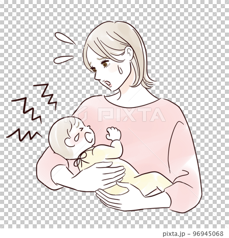 泣いている赤ちゃんと抱っこするお母さん 泣いている赤ちゃんと抱っこするお母さん 96945068
