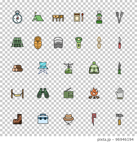 野營設備彩色插圖圖標集 野營設備彩色插圖圖標集 96946194