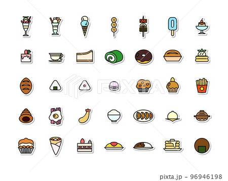 線画食べ物カラーステッカーアイコンセット(背景なし) 線画食べ物カラーステッカーアイコンセット(背景なし) 96946198