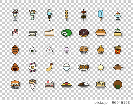 線画食べ物カラーステッカーアイコンセット(背景なし) 線画食べ物カラーステッカーアイコンセット(背景なし) 96946198