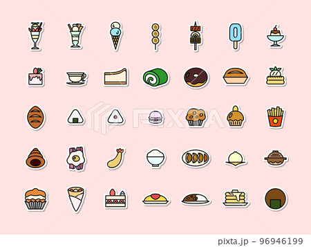 線画食べ物カラーステッカーアイコンセット 96946199