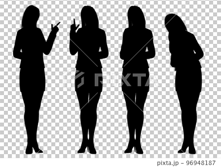 指差しやお辞儀 案内などをする女性社員のポーズのシルエットセットのイラスト素材