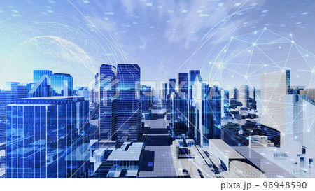 スマートシティ デジタル 人工知能 都市 街 ネットワーク テクノロジー 通信 3D イラスト 96948590