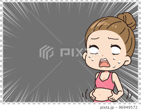 お腹の脂肪にショックを受ける女性のイラスト 96949572