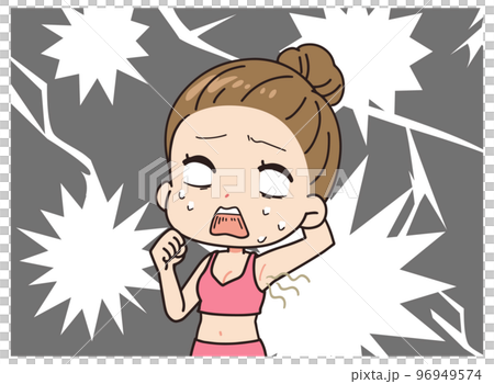 Illustration of a woman shocked by the smell of armpits 96949574