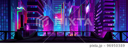 Rooftop view of night cityscape with neon lights 96950389