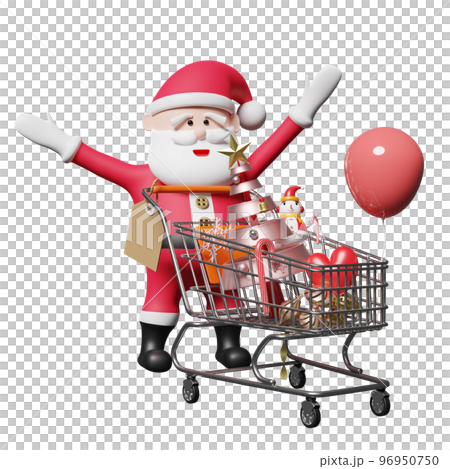 Santa claus with christmas tree, shopping cart, price tags, space isolated. website, poster or Happiness cards, festive New Year concept, 3d illustration or 3d render 96950750