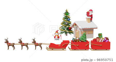 reindeer sleigh with santa claus, gift box, christmas tree isolated. website or poster or Happiness cards, banner and festive New Year, 3d illustration or 3d render 96950751