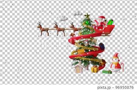 santa claus with reindeer sleigh, gift box, christmas tree, snowman isolated. website or poster or Happiness cards, banner and festive New Year, 3d illustration or 3d render 96950876
