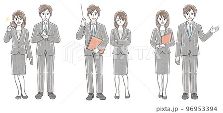 ビジネススーツの男女 表情ポーズの全身イラストセット(説明 解説 案内) ビジネススーツの男女 表情ポーズの全身イラストセット(説明 解説 案内) 96953394