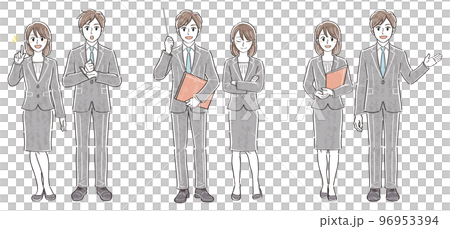 ビジネススーツの男女 表情ポーズの全身イラストセット(説明 解説 案内) ビジネススーツの男女 表情ポーズの全身イラストセット(説明 解説 案内) 96953394