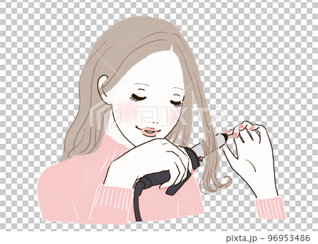 女人用抹子纏繞她的頭髮 女人用抹子纏繞她的頭髮 96953486