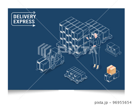 3D isometric Smart logistics concept with worker scanning barcode on box, Warehouse Logistics and Management, Logistics solutions complete supply chain, transportation truck. Vector illustration eps10 3D isometric Smart logistics concept with worker scanning barcode on box, Warehouse Logistics and Management, Logistics solutions complete supply chain, transportation truck. Vector illustration eps10 96955654