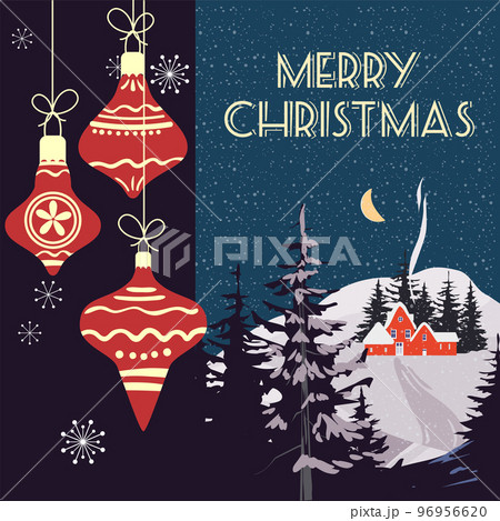 Retro Merry Christmas greeting card, background. Christmas balls, winter village 96956620