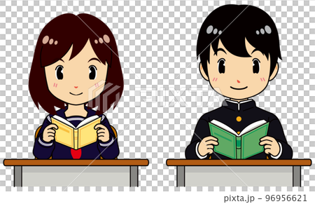 机に座って本を読むセーラー服の女子学生と学ランの男子学生 96956621