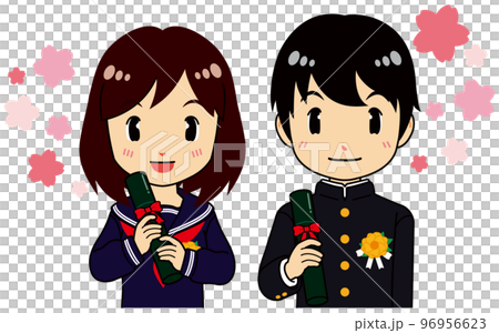 A female student in a sailor suit and a male student in a school run who are graduating 96956623