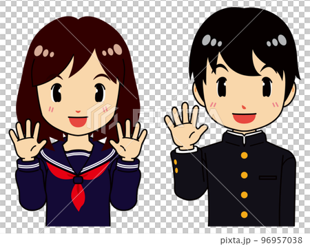 手を振るセーラー服の女子学生と学ランの男子学生 手を振るセーラー服の女子学生と学ランの男子学生 96957038