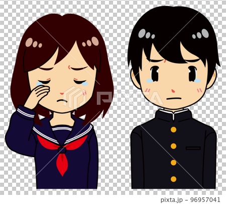 涙を見せるセーラー服の女子学生と学ランの男子学生 96957041