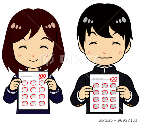 テストを見せて嬉しそうなセーラー服の女子学生と学ランの男子学生 96957133
