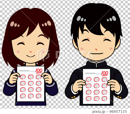 テストを見せて嬉しそうなセーラー服の女子学生と学ランの男子学生 96957133