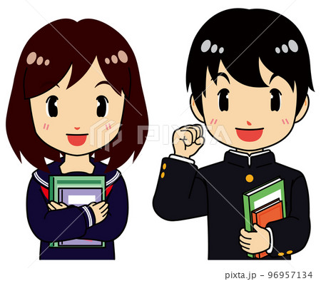 学業に意気込みを見せるセーラー服の女子学生と学ランの男子学生 96957134