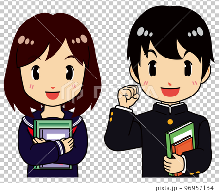学業に意気込みを見せるセーラー服の女子学生と学ランの男子学生 96957134