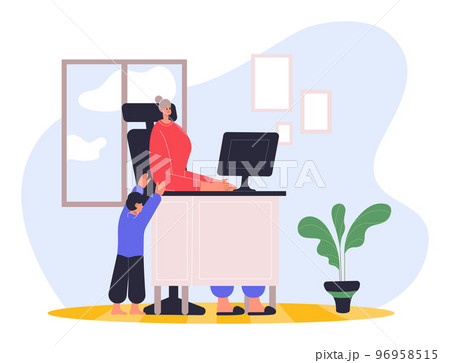 Remote work disadvantages. Woman worker or freelancer sitting at desktop computer, son distracting mother 96958515