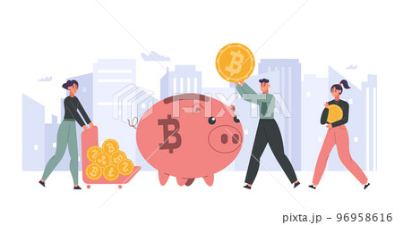 Cryptocurrency concept. People putting gold bitcoins into piggy bank. Female and male characters accumulating money 96958616