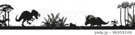 Jurassic period landscape silhouette with dinosaurs and palm trees, flat vector illustration. 96959249