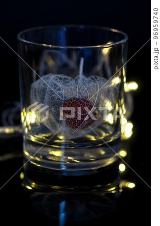 黒い背景でグラスに入った透かしホオズキをイルミネーションで飾った写真 96959740
