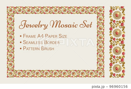 Jewelry set with rectangular mosaic frame, seamless border, pattern brush. Gold elements, red gems. Can be used for poster, invitation, greeting card, menu etc Vintage style, white background 96960156