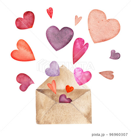 Watercolor hand drawn composition with red and purple hearts and envelope for Valentine's day. Isolated on white background. Design for paper, love, greeting cards, textile, print, wallpaper, wedding Watercolor hand drawn composition with red and purple hearts and envelope for Valentine's day. Isolated on white background. Design for paper, love, greeting cards, textile, print, wallpaper, wedding 96960307