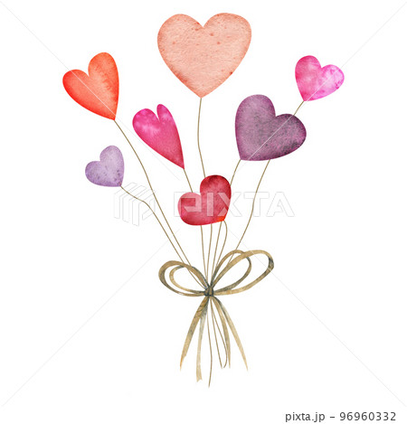 Watercolor hand drawn composition, bouquet of red and purple hearts, bow for Valentine's day. Isolated on white background. Design for paper, love, greeting cards, textile, print, wallpaper, wedding 96960332