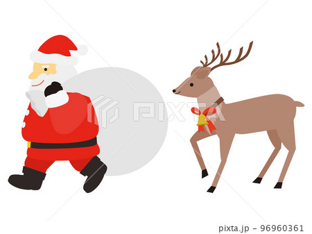 プレゼントを配るサンタクロースとトナカイのイラストのセット プレゼントを配るサンタクロースとトナカイのイラストのセット 96960361