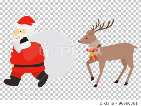 プレゼントを配るサンタクロースとトナカイのイラストのセット プレゼントを配るサンタクロースとトナカイのイラストのセット 96960361