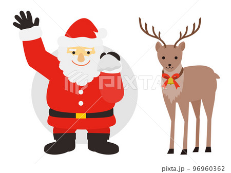 手を振るサンタクロースとトナカイのイラストのセット 96960362