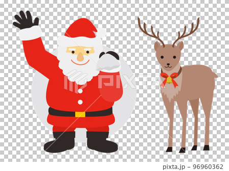 手を振るサンタクロースとトナカイのイラストのセット 96960362