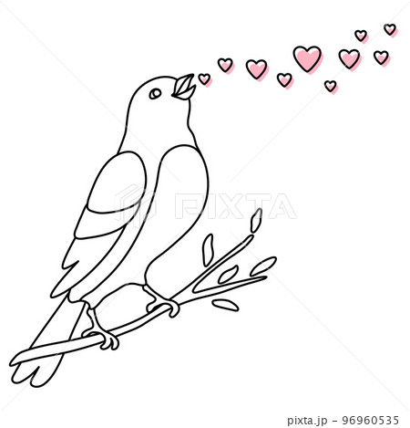 Illustration of cute bird singing and sitting on branch. Image of birdie in simple style. 96960535
