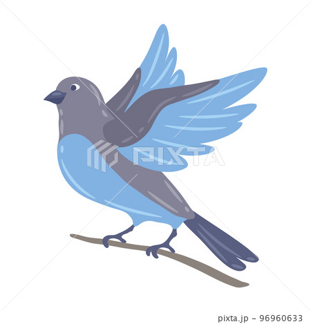 Illustration of cute bird sitting on branch. Image of birdie in simple style. 96960633