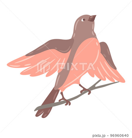 Illustration of cute bird sitting on branch. Image of birdie in simple style. 96960640