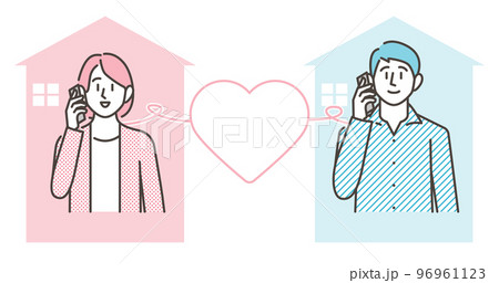 遠距離恋愛で笑顔でスマートフォンで電話する男女カップル【ベクターイラスト素材】 96961123