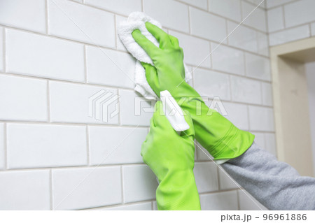 大掃除、壁タイルの掃除をする日本人の主婦 96961886