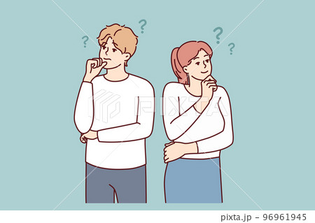 Man and woman look in different directions and scratch their chins thinking idea. Vector image Man and woman look in different directions and scratch their chins thinking idea. Vector image 96961945