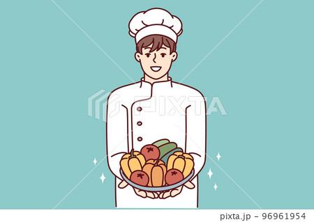 Man restaurant chef holds plate with fresh vegetables offering to make vegetable salad. Vector image 96961954