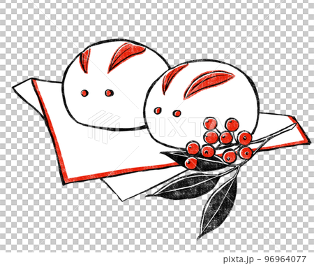敷紙に並べて乗せたうさぎ饅頭と添えられた南天　版画風・黒と赤 96964077